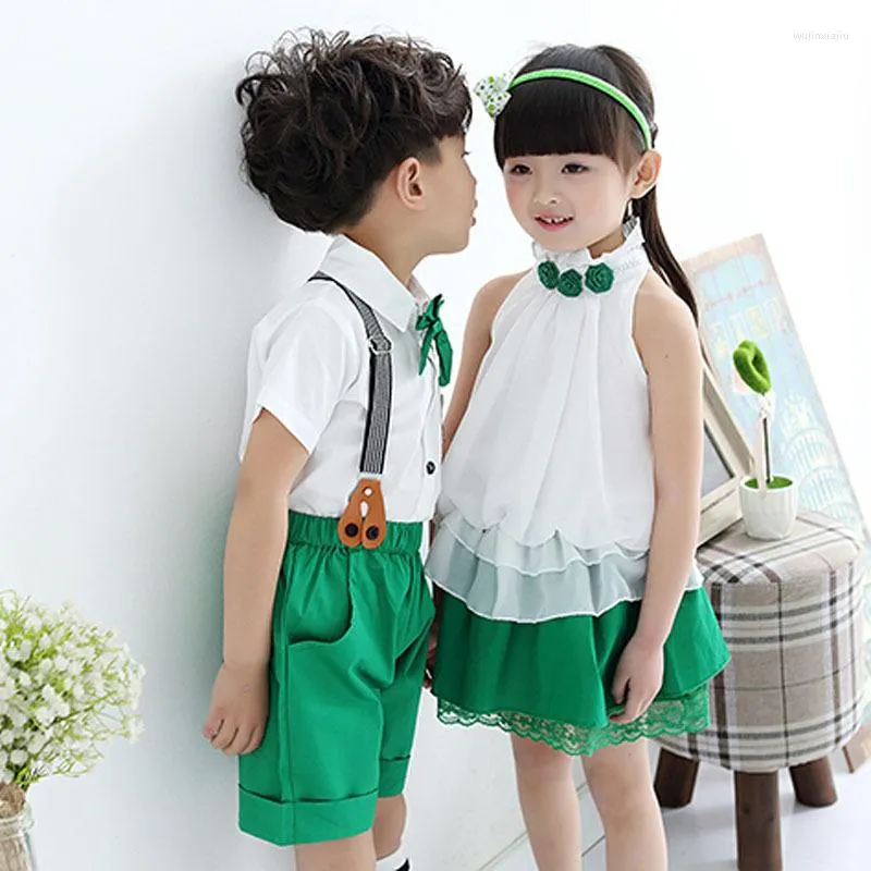 Ensembles de vêtements Enfants Summer School Uniforme Classe Costume Bow T-shirt Jupe Pantalon à bretelles 2pcs Bébé Garçon Fille Chorale Uniformes Enfants Ensemble