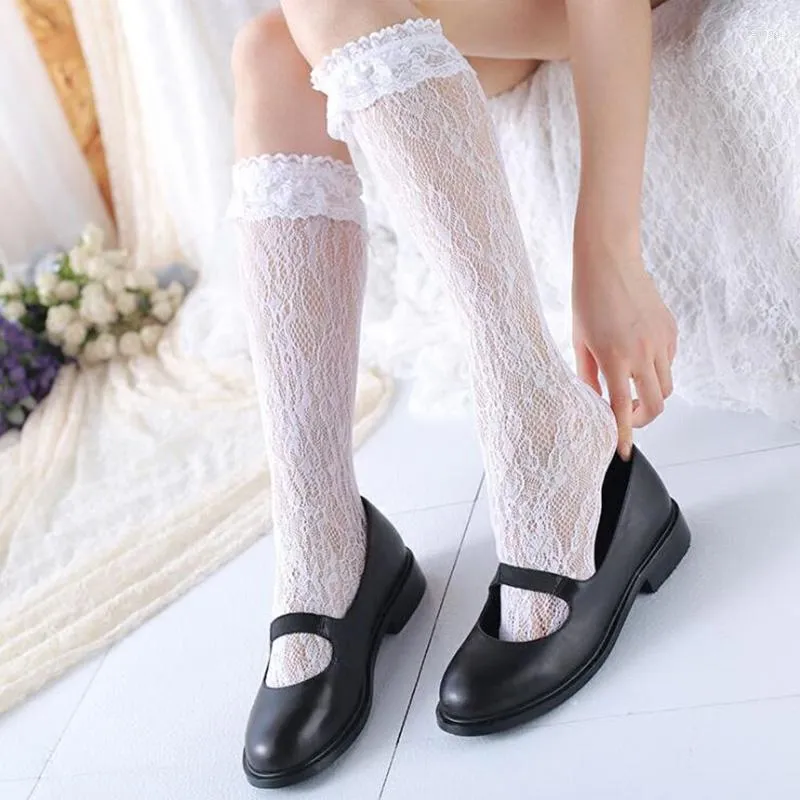 Chaussettes Lolita en dentelle blanche pour femmes, bas longs transparents, jambes hautes, froufrous, bas fins, robe féminine