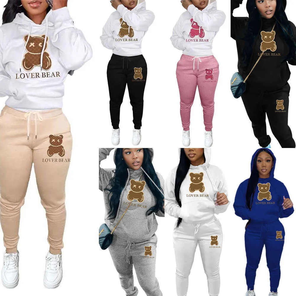 Designer Tracksuit Women 2 Piece Set 2023 New Thickened Hooded Bear Pattern Sweatsuit Trousers Casual Sports Jogging Suits