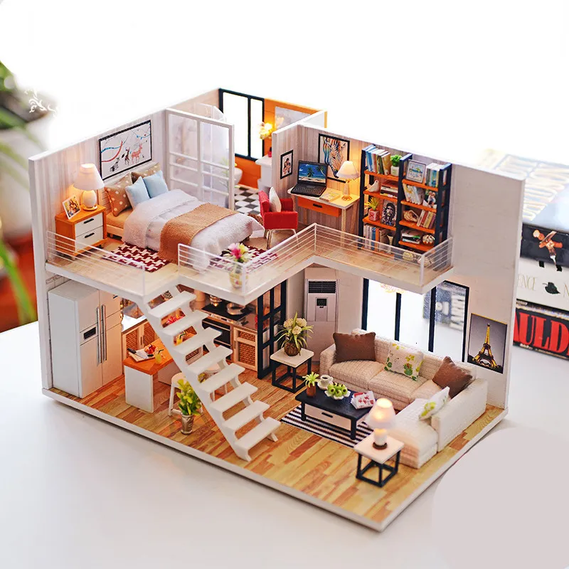 Doll House Accessories Assemble DIY Wooden House Dollhouse kit Wooden Miniature Doll Houses Miniature Dollhouse toys With Furniture LED Lights Gift 230905