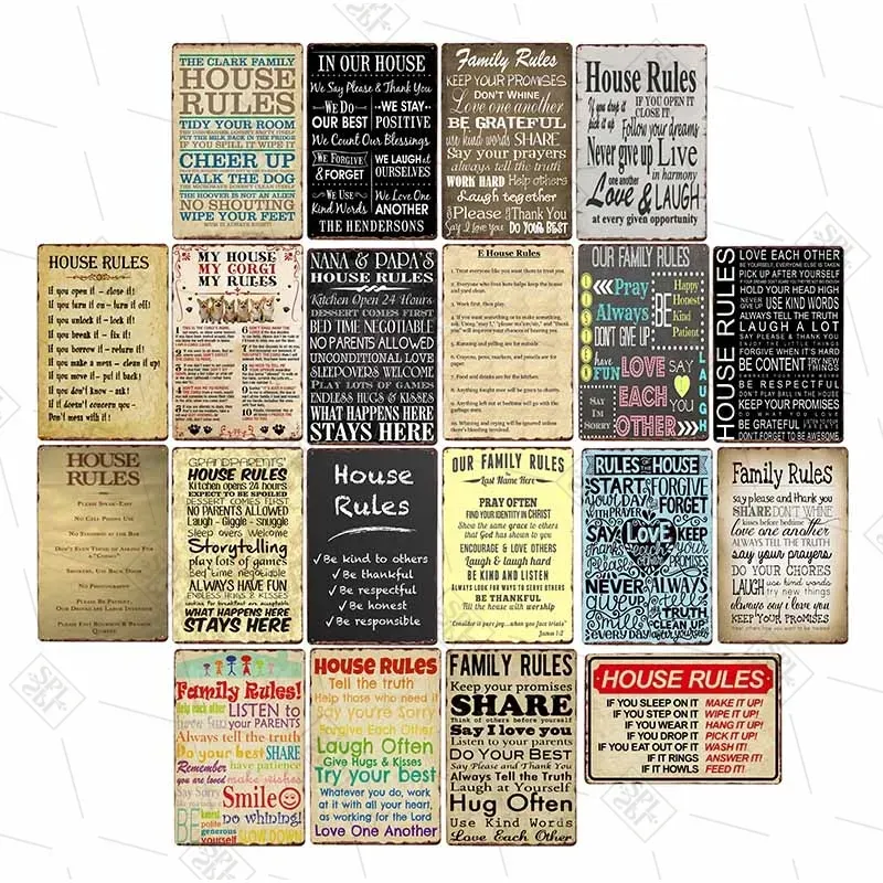 House Rules Metal Signs Family Rules Tin Plate Vintage Shabby Chic Note Plaque Retro Wall Poster Home Decoration Man Cave Home Room Funny Painting30X20CM w01