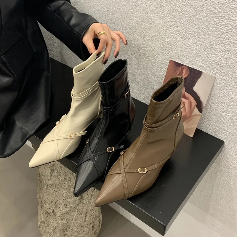 Bottines à bout pointu pour femmes, nouvelle marque d'hiver, mode, fermeture éclair au dos, bottes courtes, escarpins à talons bas et fins, chaussures pour filles