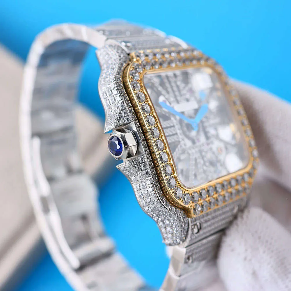 51C1ダイヤモンドホローアウトメンズクォーツムーブメントウォッチウォッチ39.8mmとダイヤモンドがちりばめられたスチールブレスレット照明用腕時計モントレデュルク73OH