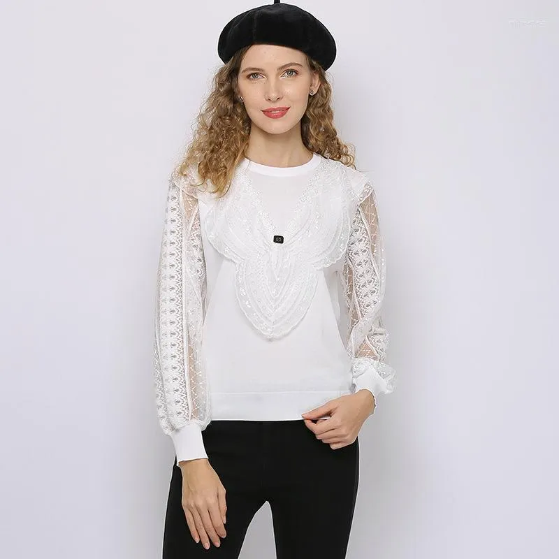 Pulls pour femmes Printemps Automne Net Fil Couture À Manches Longues Pull Tricoté Pull Femmes Tops Mince Dentelle O-cou Chemises Vêtements D'extérieur T20681