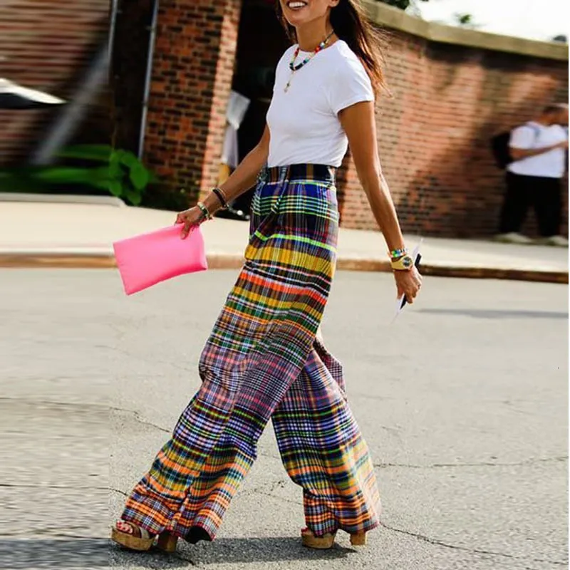 Street Style Plaid Printed Plaid Capri Pants Casual, Loose Fit