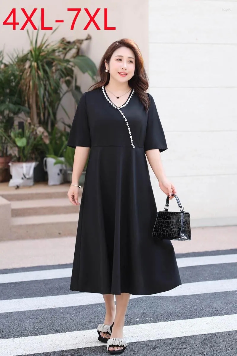 Robe de printemps et d'été pour femmes, grande taille, manches courtes, col en v, noire, longue, 4XL, 5XL, 6XL, 7XL, 2023