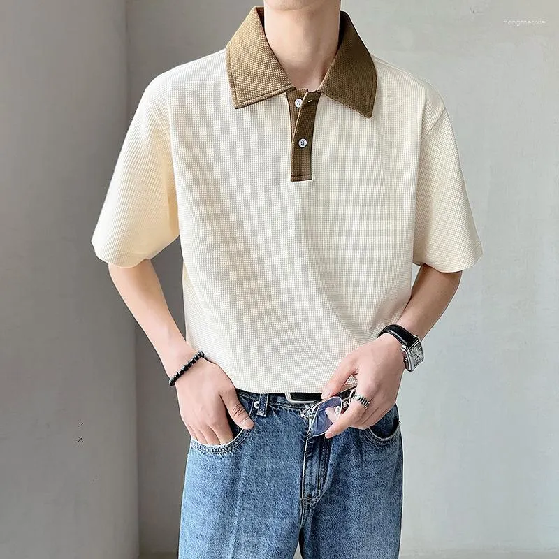 Men's Polos High-end Korean Fashion Polo Shirts For Men Patchwork Waffle Lapel Buttons Short Sleeve T-shirt Summer Loose Shirt