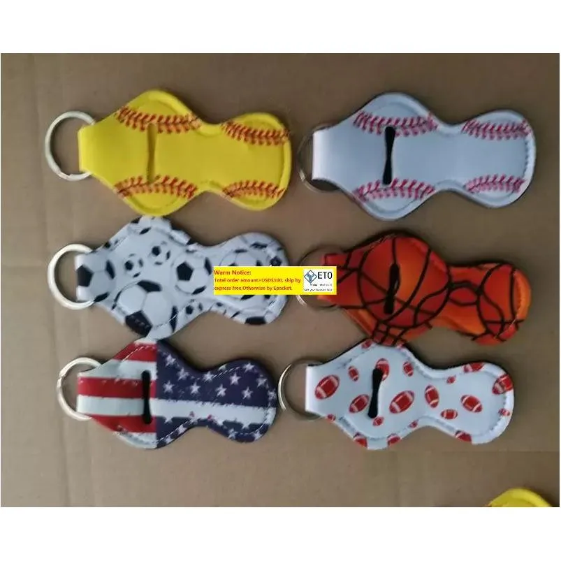 Parti iyiliği bayrağı voleybol baskısı topu ayak beyzbol baskılı neopren chapstick anahtarlık sahibi çanta çantası tatil hediyeleri dhzme desen