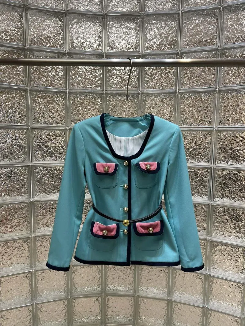 Vestes pour femmes début d'automne couleur contrastée manteau à col incurvé avec ceinture personnalisée le haut du corps est très