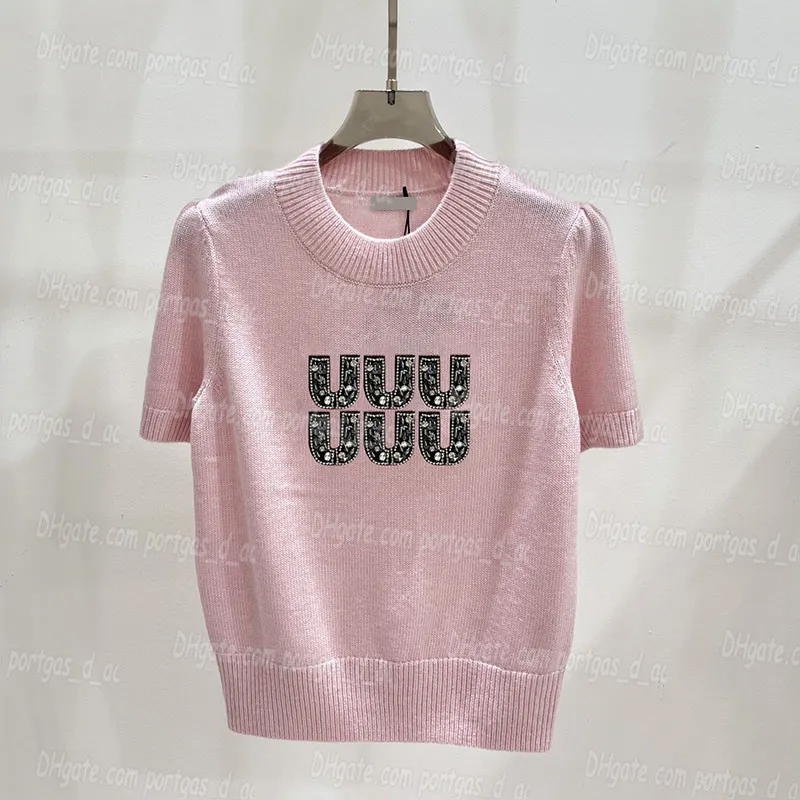 ピンクの女性編みTシャツレターラインストーンデザインティーティー丸い首のニットトップス