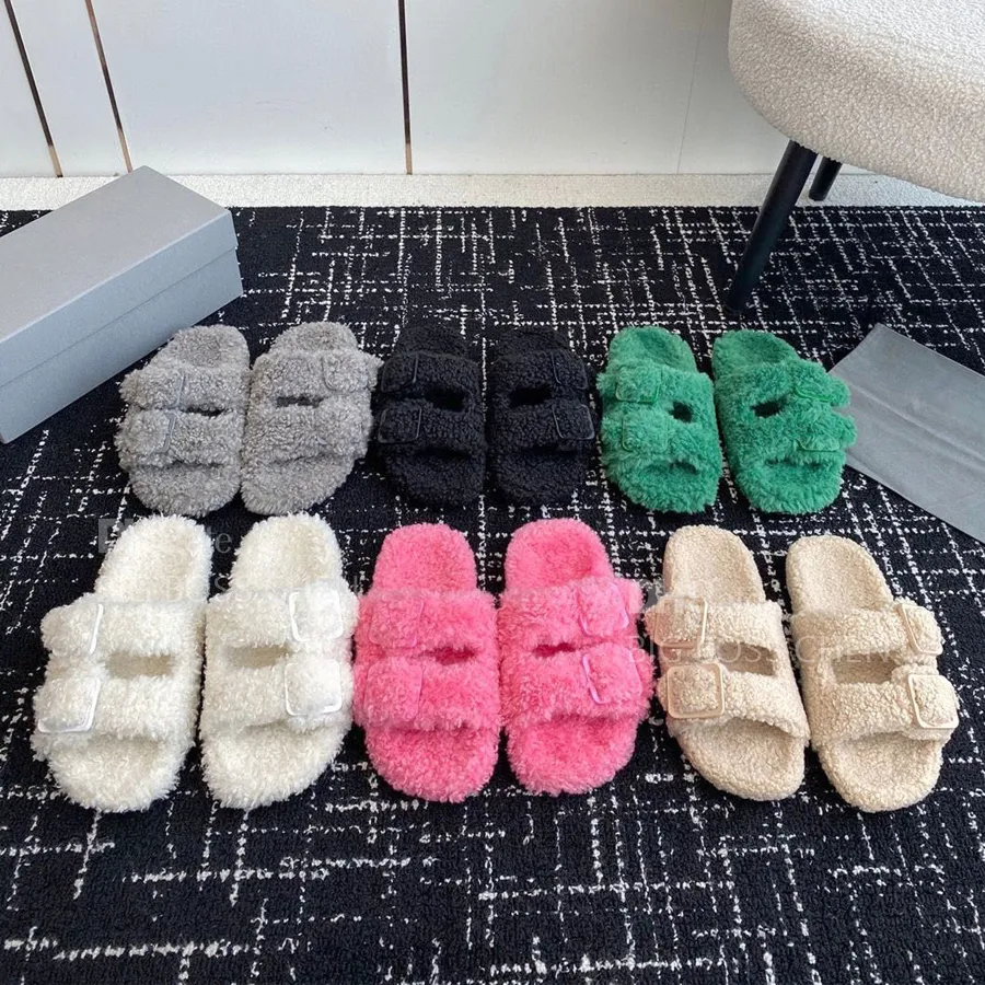 Luxury designer women furry slippers wool warm winter buckle fur slide sandals outdoors fashion home flat non-slip lazy mules Sizes 35-41 with box