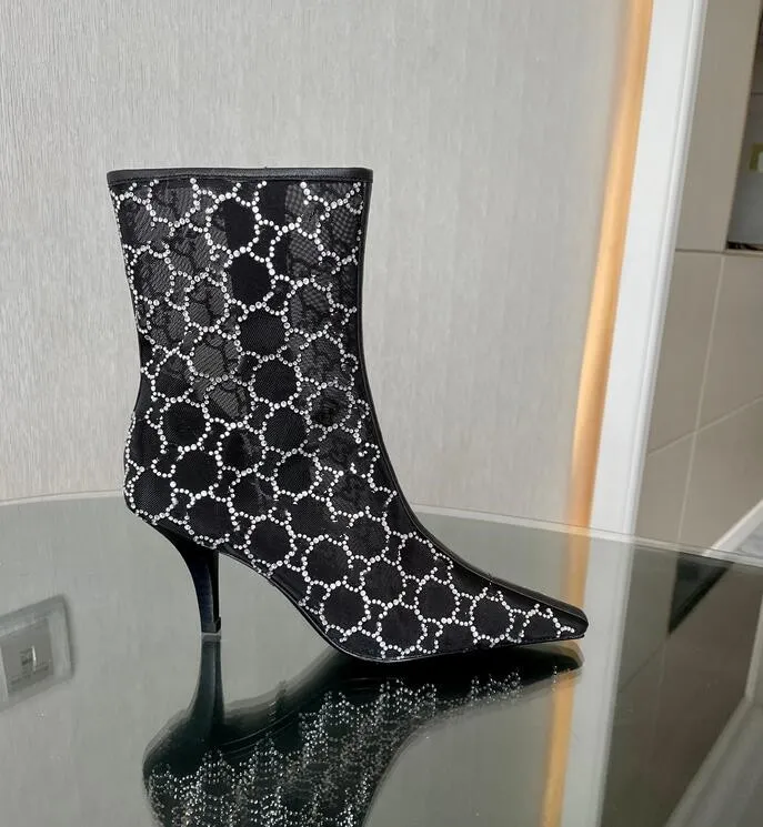 Últimas botas femininas de primavera/verão: salto fino pontudo superior, fita de malha diamante zíper lateral respirável, sola de couro real 7,5 cm tamanho 35-41