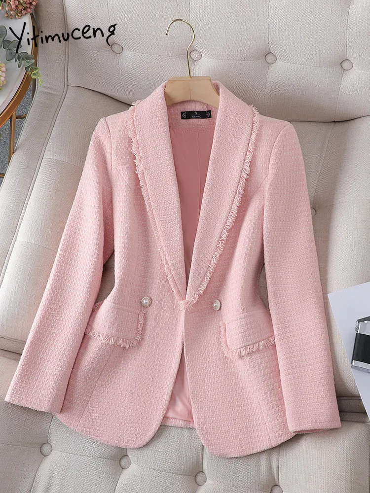 Abiti da donna Blazer Yitimuceng Rosa per donna Moda Ufficio Donna Manica lunga Risvolto Giacca solida Chic Vintage Burr Slim Cappotti 230906