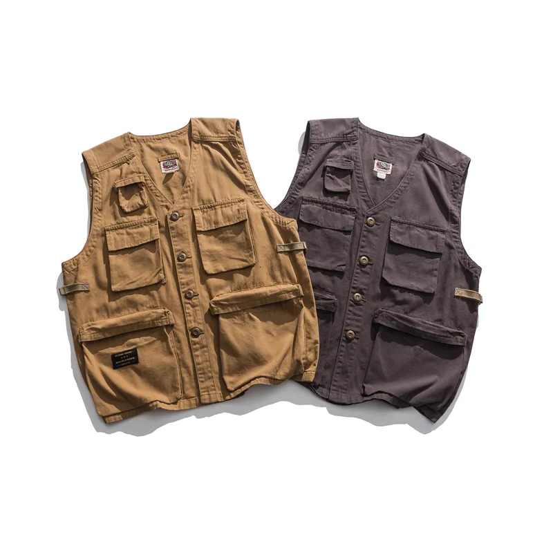 Coletes masculinos Japonês High Street Tooling Multipocket Colete Americano Funcional Retro Solto Casual Khaki Cinza 230905