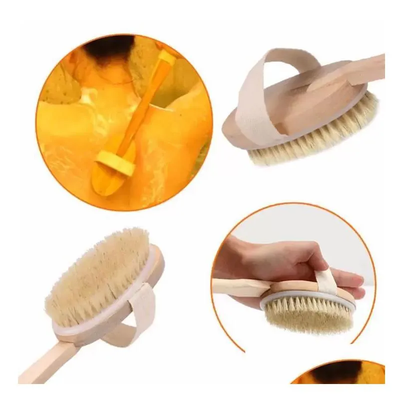 Badebürsten Schwämme Wäscher Holzreinigungsbürsten Natürliche Borsten Körperbürste Masr Dusche Langer Griff Zurück Spa Scrubber 7X42 Dh2Vr