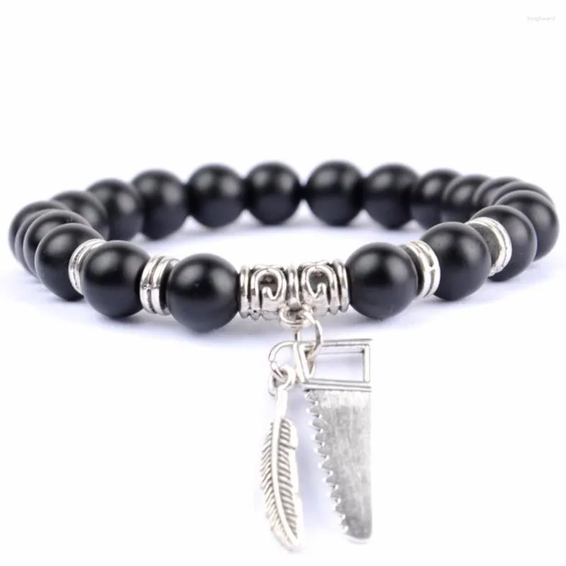 Charm Bracelets Men Bracelet Natural Stone Matte Black Agates Beads Silvers Plated Tool Saw Feather Bangles For Women Jewelry