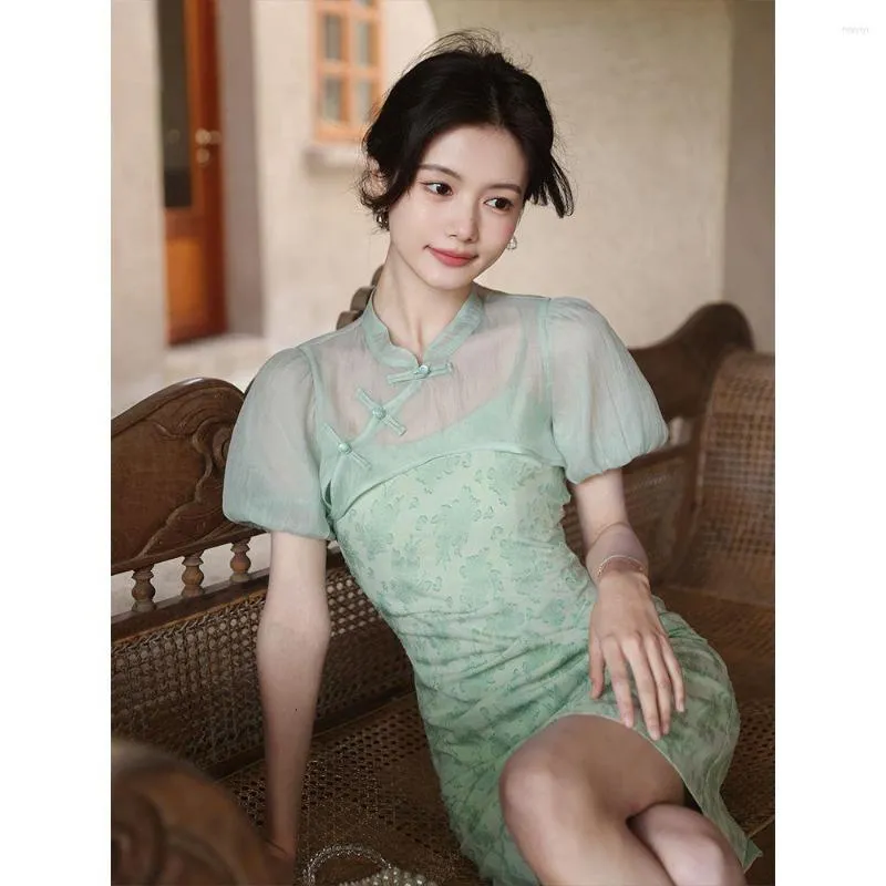 Etnisk kläder kinesisk klänning traditionell förbättrad cheongsam qipao blus slip tvådelar sommaren high-end jacquard