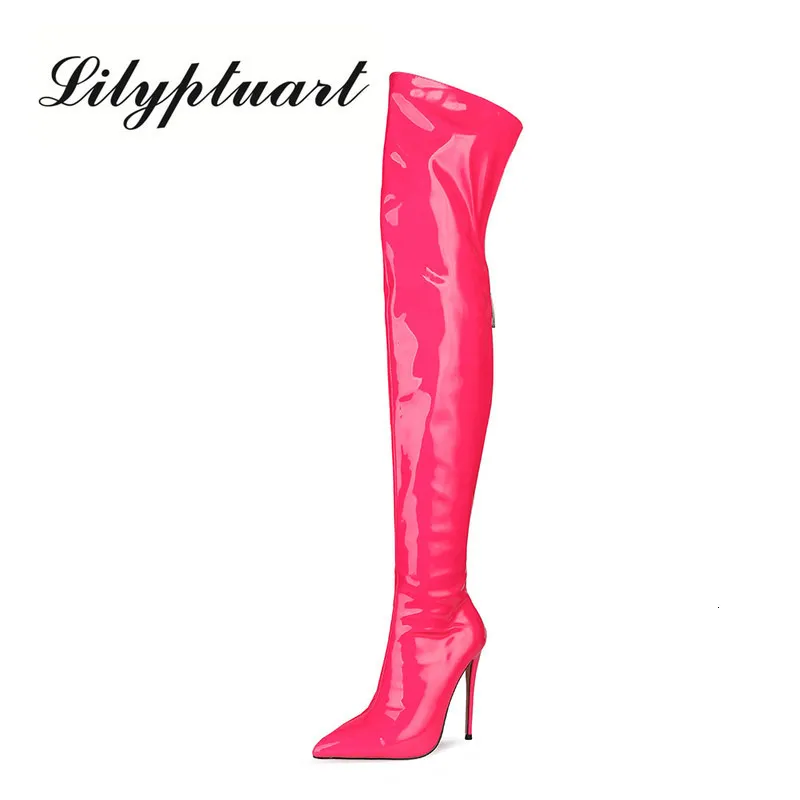 Botlar Kış Parlak Patent Derisi Dizde Siper Ayak Ayak Parçası Süper Yüksek Topuk Seksi Kadın Ayakkabı Kadın Topuklar 230905