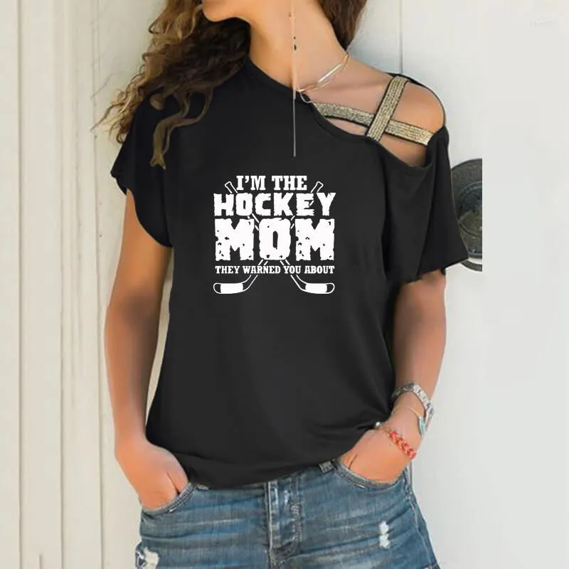 Dames T-shirts Ik ben de hockeymoeder Cartoon Print Los onregelmatig T-shirt Dames Sexy Skew Neck Cross Bandage Tops voor vrouwelijke moederminnaar