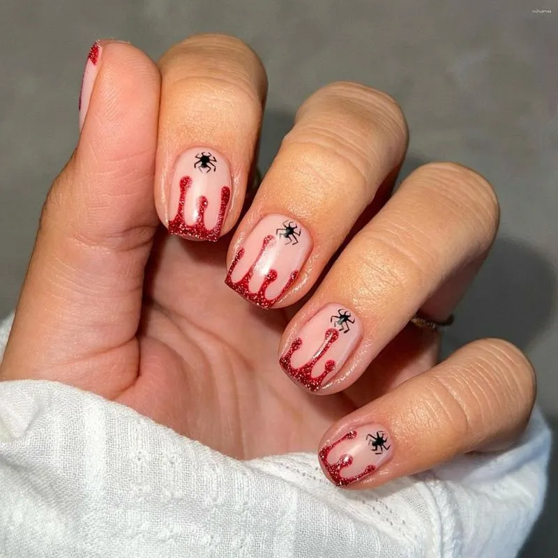 Falska naglar 24 st blod droppar franska nagelspetsar korta fyrkantiga spindel falska roliga halloween klistermärken färdig manikyr konst