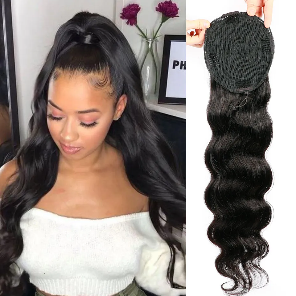 Lace Wigs Rambut Manusia Kuncir Serut Panjang Gelombang Tubuh Klip Peru Ekstensi Di Remy Hitam Alami 2 Sisir Kuda Poni Tahan Panas 230905