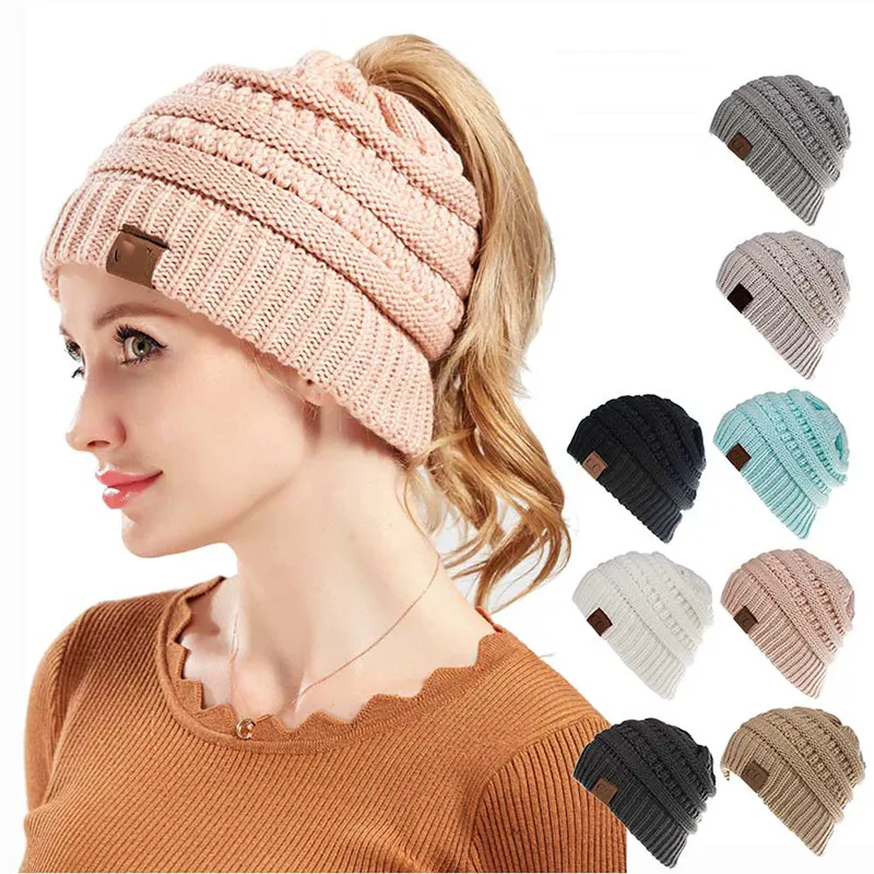 Ponytail Beanie for Women Winter Warm Beanie Tail Soft Stretch Cable Knit High Bun Hat Solid Color White Black Pink Grey