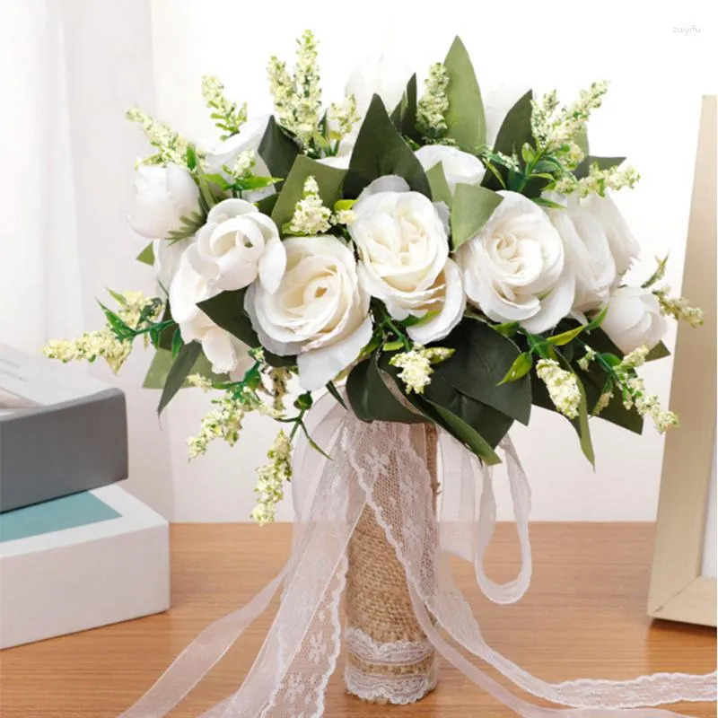 Decorative Flowers White Wedding Bouquet Bride Bridesmaid Holding Silk Ribbon Roses Artificial Flower Mariage Accessories