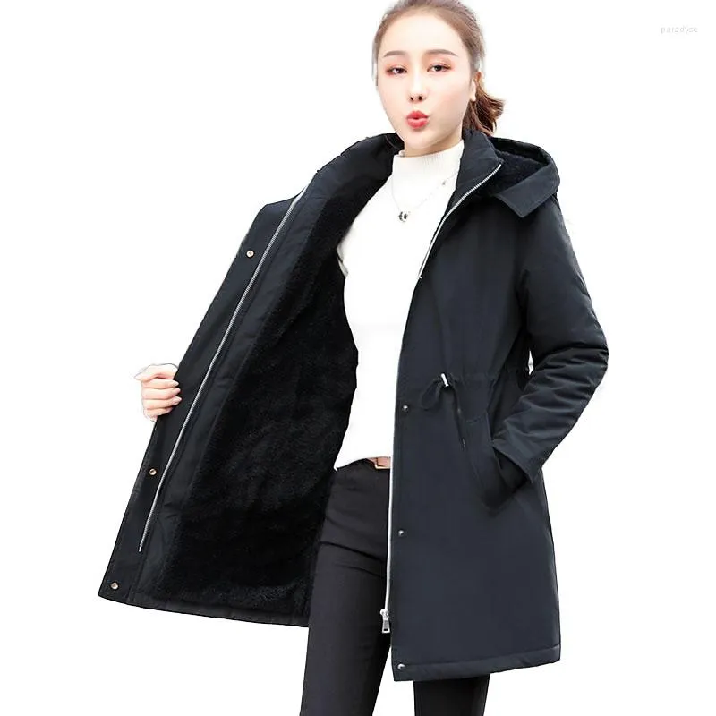 Trench da donna Piumino imbottito Donna Inverno Donna Parka Cappotto caldo spesso Cappotto in cotone di media lunghezza Aggiungi giacca a vento in velluto