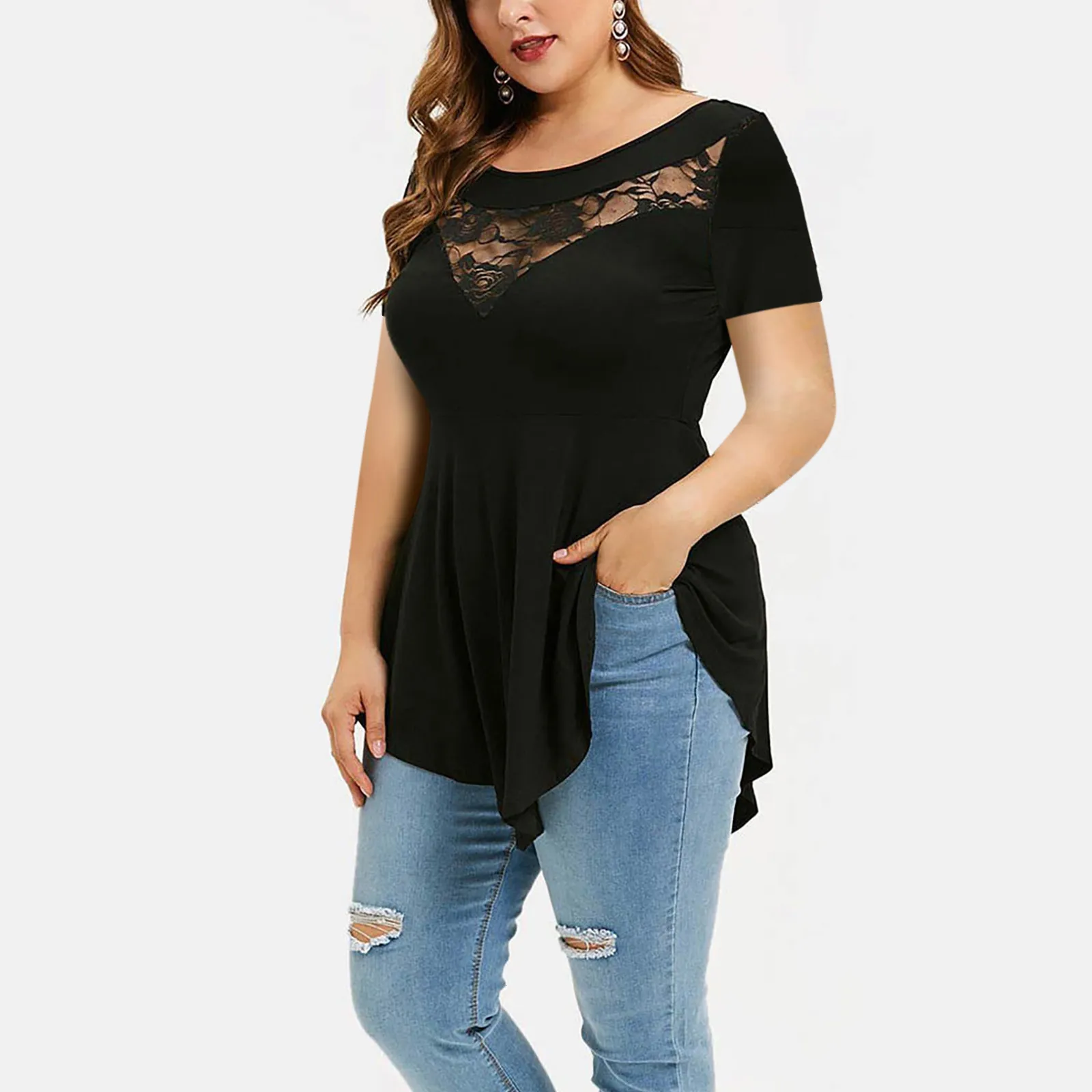 Camiseta de talla grande para mujer, Top sexy de encaje, cuello redondo floral sólido, tops asimétricos de tres cuartos, blusas elegantes de verano para oficina para mujer 230905