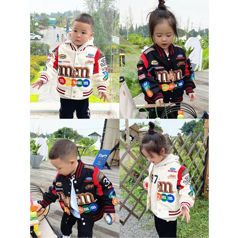 Jackor Jaket Anak Anak Mode Jalan M Kacang Cetak Kerah Bulat Mantel Longgar Anak Laki Laki Dan Perempuan Harajuku Kasual Hangat Atas Musim Gugur Dingin 230905