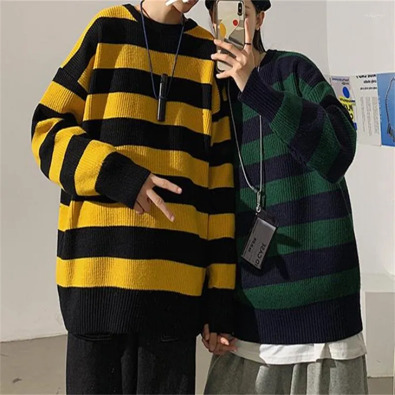 Pulls pour femmes Imcute 2023 Automne Hiver Casual Lâche Col Rond Pull à manches longues Stripe Imprimé Color Block Knit Pull Couple Costume