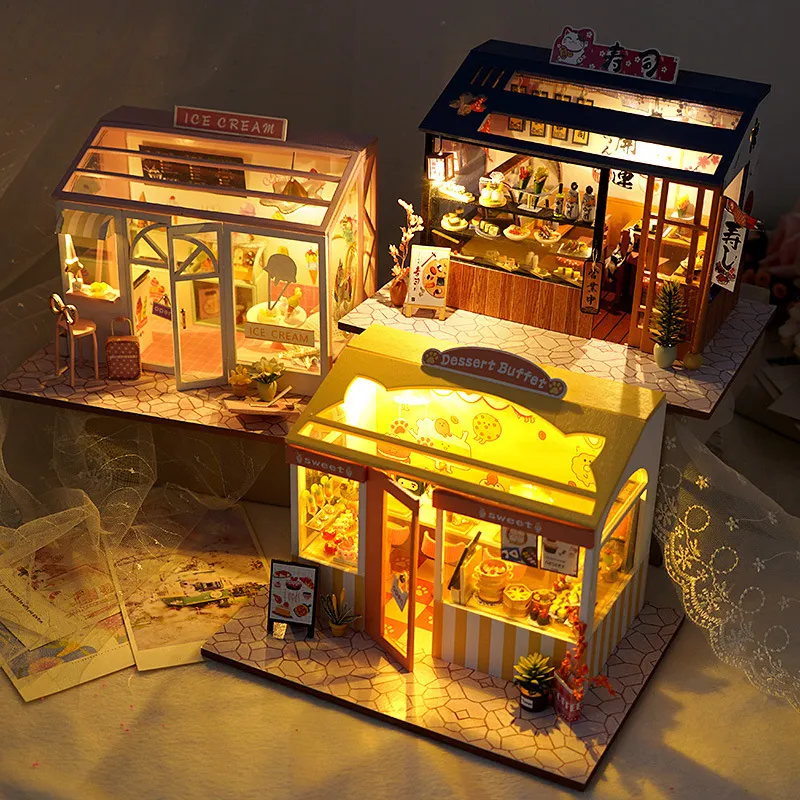 Puppenhaus-Zubehör, Holz-Miniatur-Bausatz, DIY Sushi-Laden, Konditorei, Blumenladen mit Möbelmontage, Modell, Puppenhaus, Kinder, Erwachsene, Geschenk, 230905