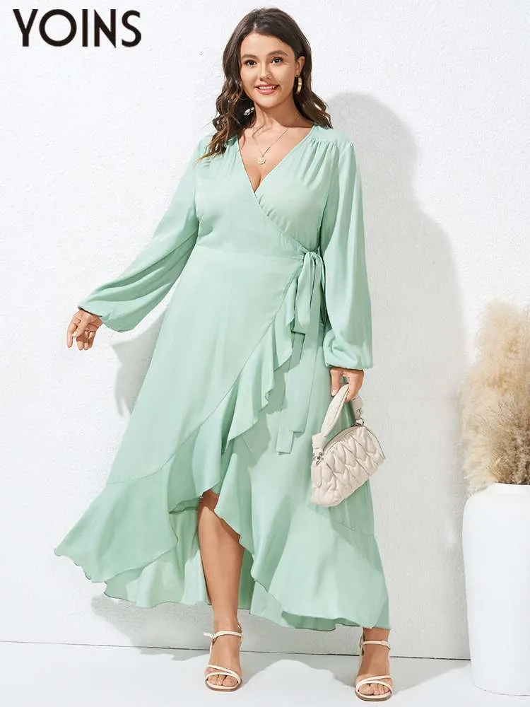 Plus size Dresses YOINS Size Ruffled Maxi Dres Long Sleeve Sexy V Neck Bandage Wrap Elegant Party Vestidos Casual Solid Knotted Robe 230905