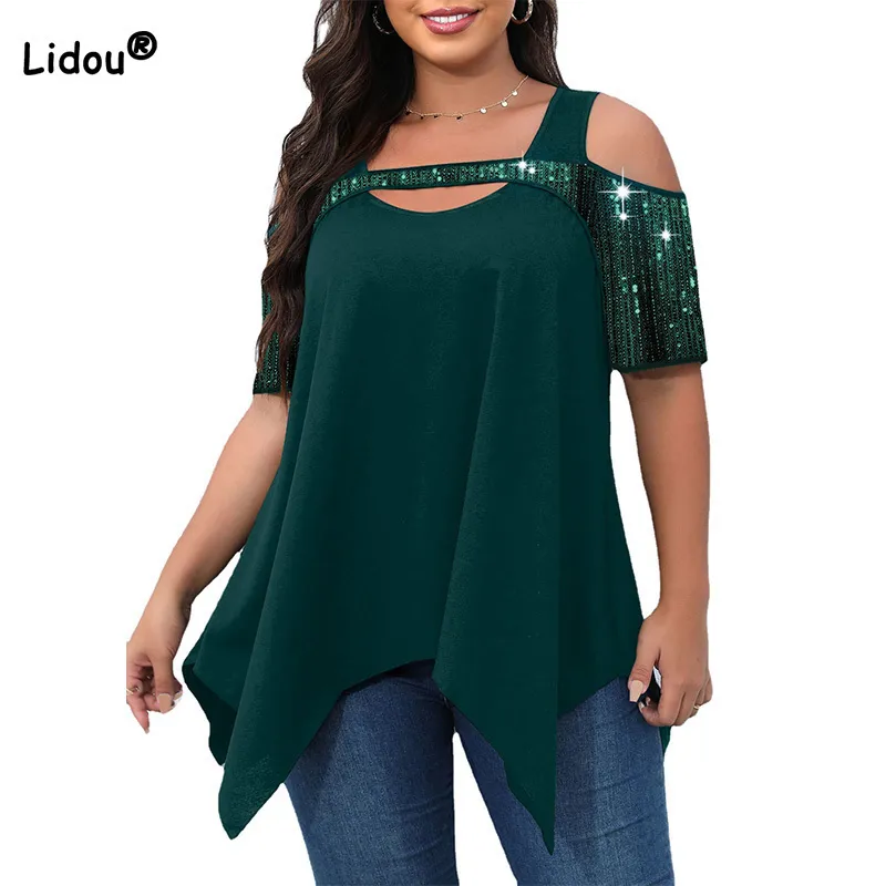 Mulheres Plus Size Camiseta Roupas de Verão para Mulheres Oco Out Irregular Moda ONeck Lantejoulas Splice Manga Curta Verde Escuro Top 230906