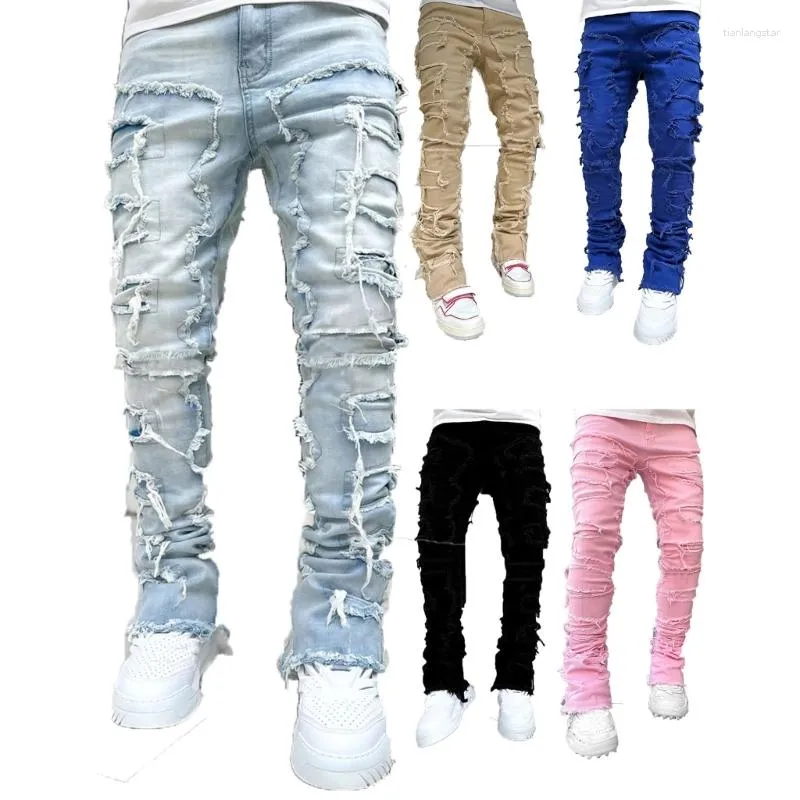 Jeans da uomo strappati effetto vissuto distrutti pantaloni in denim dal taglio dritto skinny moda casual toppe impilate regalo