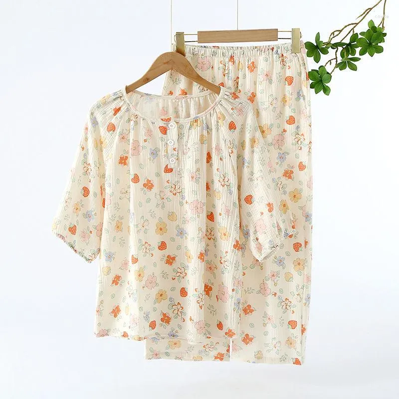 Women's Sleepwear 2023 Spring/Summer Pure Cotton Pajama Set Flower Print Short Sleeves Capris Two Piece Sweet Home Furnishings