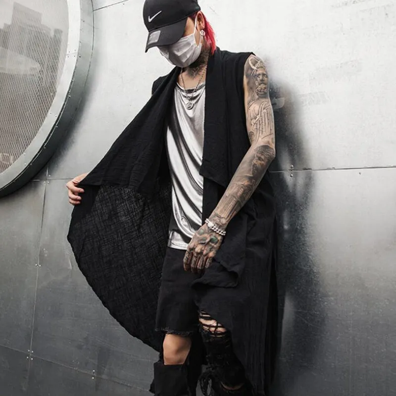 Men's Long Vest Cotton Linen Hiphop Punk Cloak Cape, Sleeveless Stage  Costume Chaleco Hombre Spring/Summer Fashion