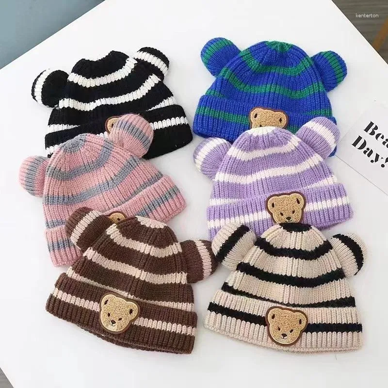Berretti Berretto da bambino a righe lavorato a maglia carino Orso di cartone animato coreano Cappello da neonato con orecchie Berretto da cofano per bambina caldo all'aperto