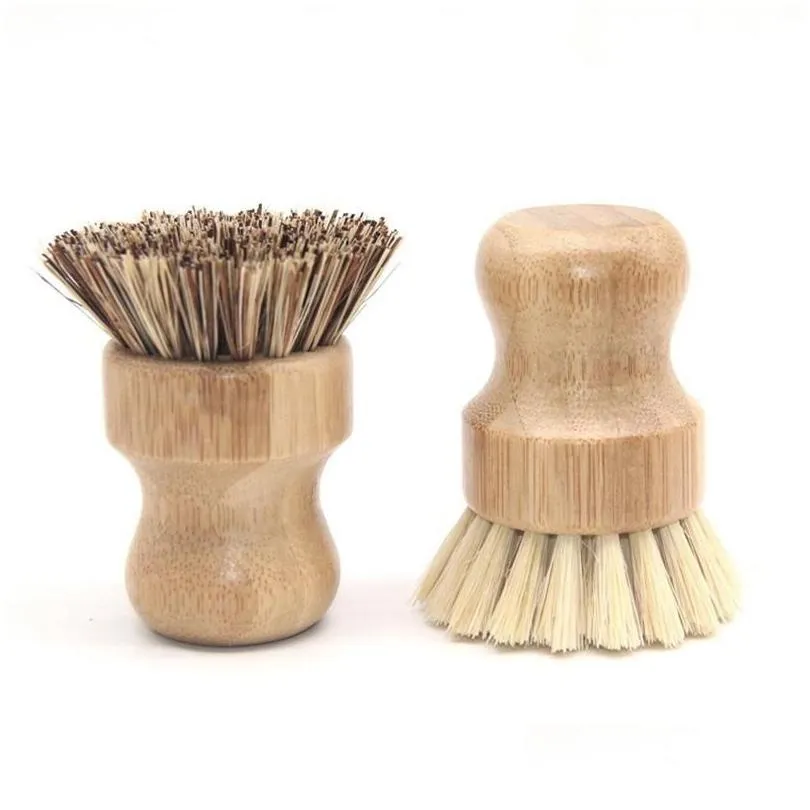 Cepillos de limpieza Cepillo de madera redondo Manija Olla Plato Hogar Sisal Palma Bambú Tareas de cocina Rub 0415 Entrega de gotas Hogar Jardín Housek DHPPK