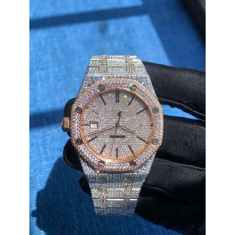 W7CM Na ręka Rose Gold Rose Gold Mixed Sier Sier Diamond Roman Numerals Luksusowe męskie oblodzenie cyrkonu zegarek z boxjtjj