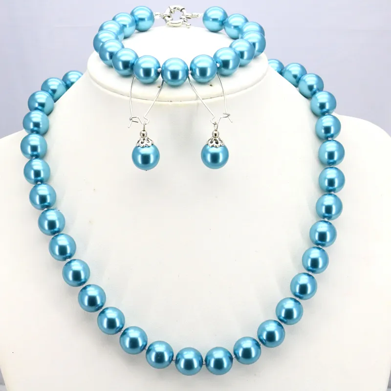 Ensembles de bijoux de mariage ensemble de collier de perles de verre bleu collier de 12mm 18 "bracelet 7.5" boucle d'oreille femmes conception de fabrication de bijoux 230906