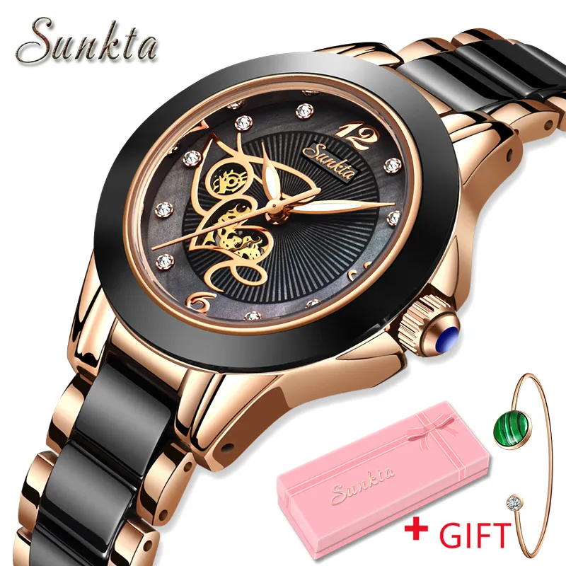 Armbandsur Sunkta Brand Luxury Women Watches Black Ceramic Diamond Ladies Watch Waterproof Quartz Wristwatch Relogios Femininos Clock Gift 230905