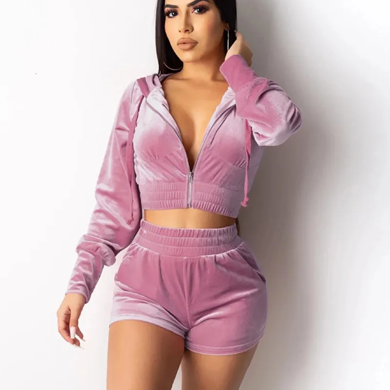 Women's Velour Tracksuit Set Piece Zipper Hoodie Shorts Outfit,  Comfortable Velvet Loungewear, Stylish Activewear Set