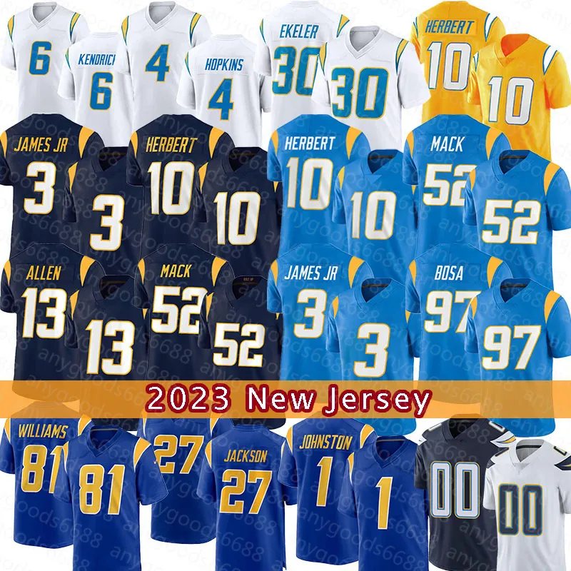 Maillot de football Derwin James Jr. Justin Herbert Khalil Mack Joey Bosa Keenan Allen Dustin Hopkins Austin Ekeler Quentin Johnston J.C. Jackson Zion Johnson