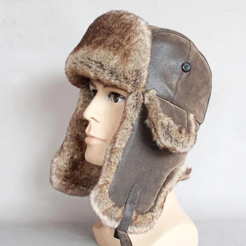 Berets Winter Bomber Hüte Männer Frau Mann warmes winddes Ushanka -Kappe mit Ohrlappung für Frauen PU Lederfell russische Trapper -Ohrklappe Hut