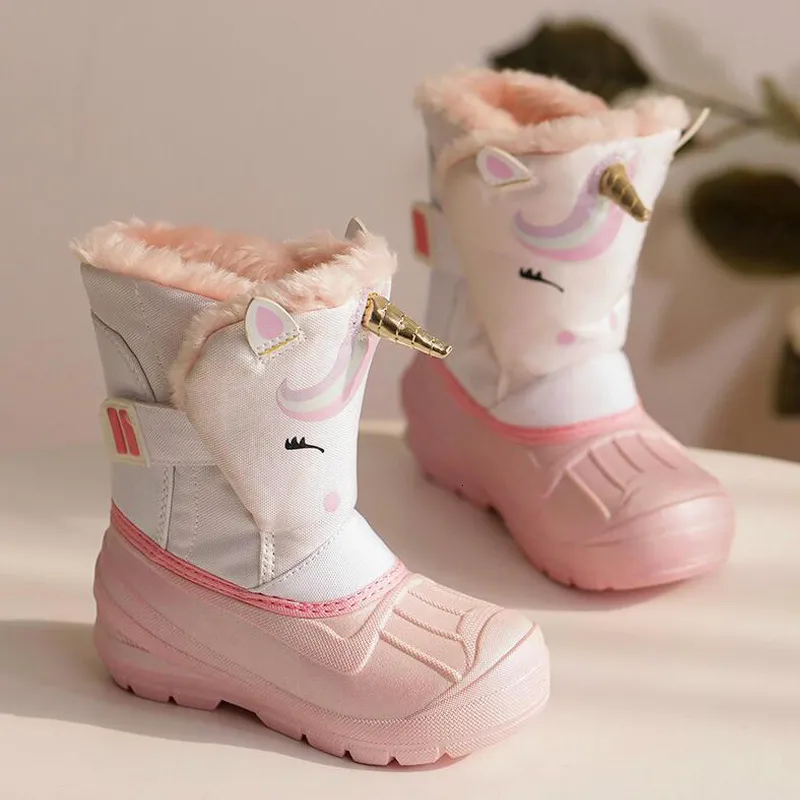 Buty zimowe dzieci ciepłe futrzane buty śnieżne dziewczyny słodkie jednorożec buty dla chłopców wodoodpornych butów przeciwpoślizgowych 230905