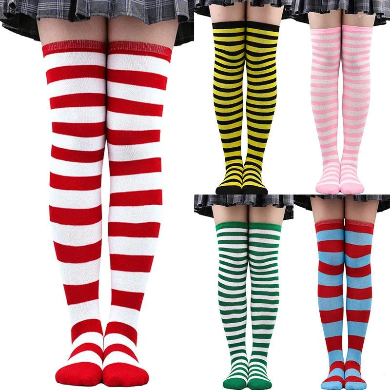 Chaussettes de noël pour femmes, Cosplay, au-dessus du genou, longues rayures imprimées, cuisses hautes, coton, doux, mignon, grande taille, bas au-dessus du genou