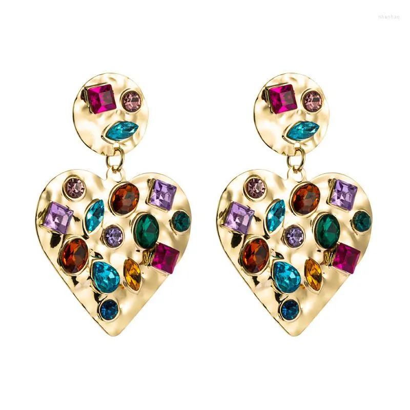 Orecchini pendenti esagerati geometrici a forma di cuore in lega con strass colorati vintage in oro per gioielli di moda da donna