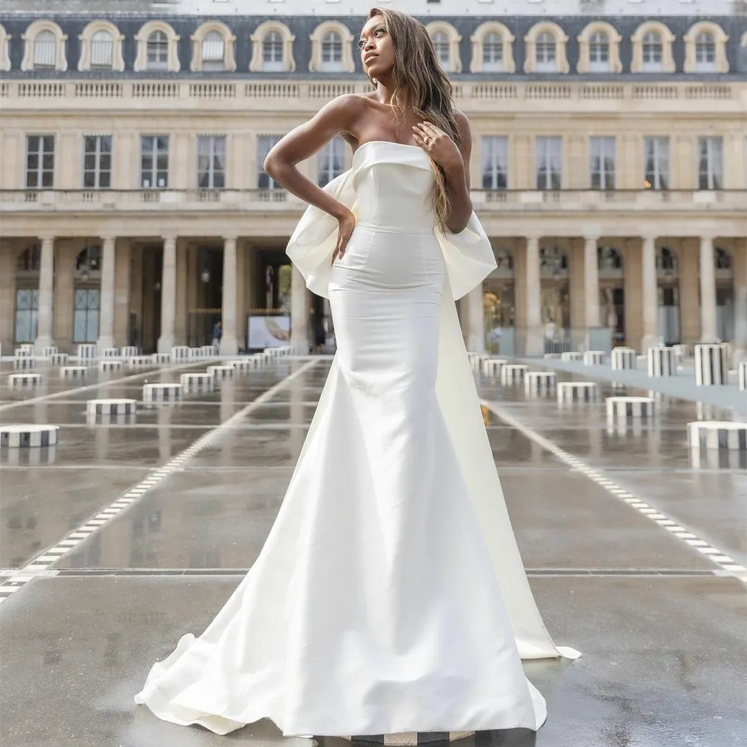 Élégant longs robes de mariée sans bretelles en crêpe avec arc sirène ivoire zipper arrière Sweep Train Satin vestidos de Novia Abendkleider Bridal Brids for Women