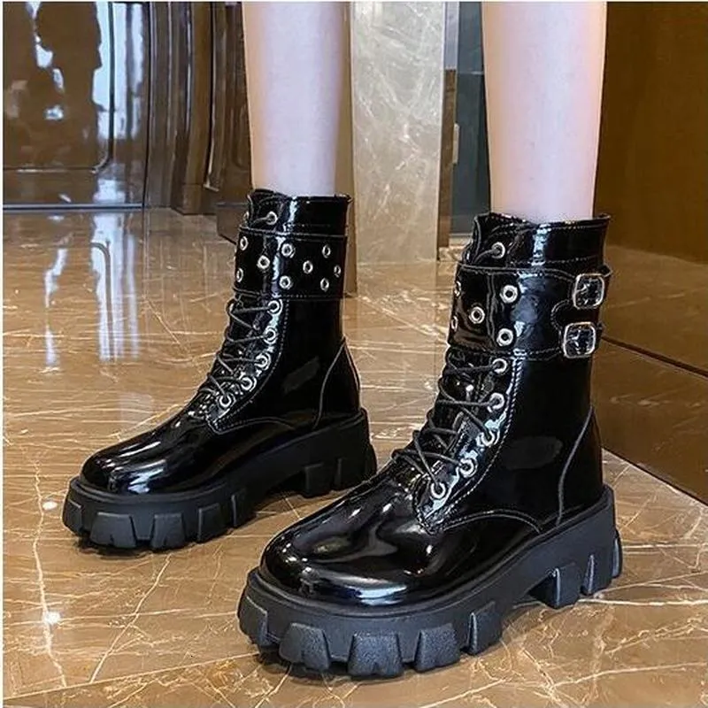 Boots Platform Patent Leather Rivet Women Autumn Punk Motorcycle Block Heel Gothic Shoes Ankle 230905